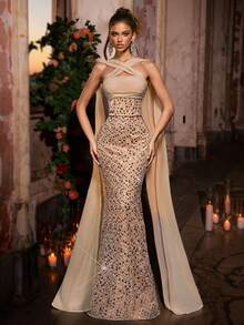 Glamrae Elegant Apricot Luxurious Three-Dimensional Sequined Satin Stitching Tube Top With Cross-Shoulder Halter Neck And Floating Pieces, High Waist And Slim Straight-Cut Hip-Hugging Maxi Dress, Suitable For Dating, Vacation, Bachelorette Party, Wedding Event, Christmas And New Year's Elegant And Gorgeous Evening Dress