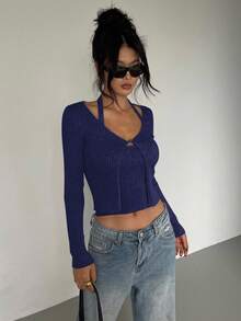 DAZY 2 件套女式紧身长袖单扣针织开衫和露背针织上衣套装 - 藏蓝色 - 查看 2