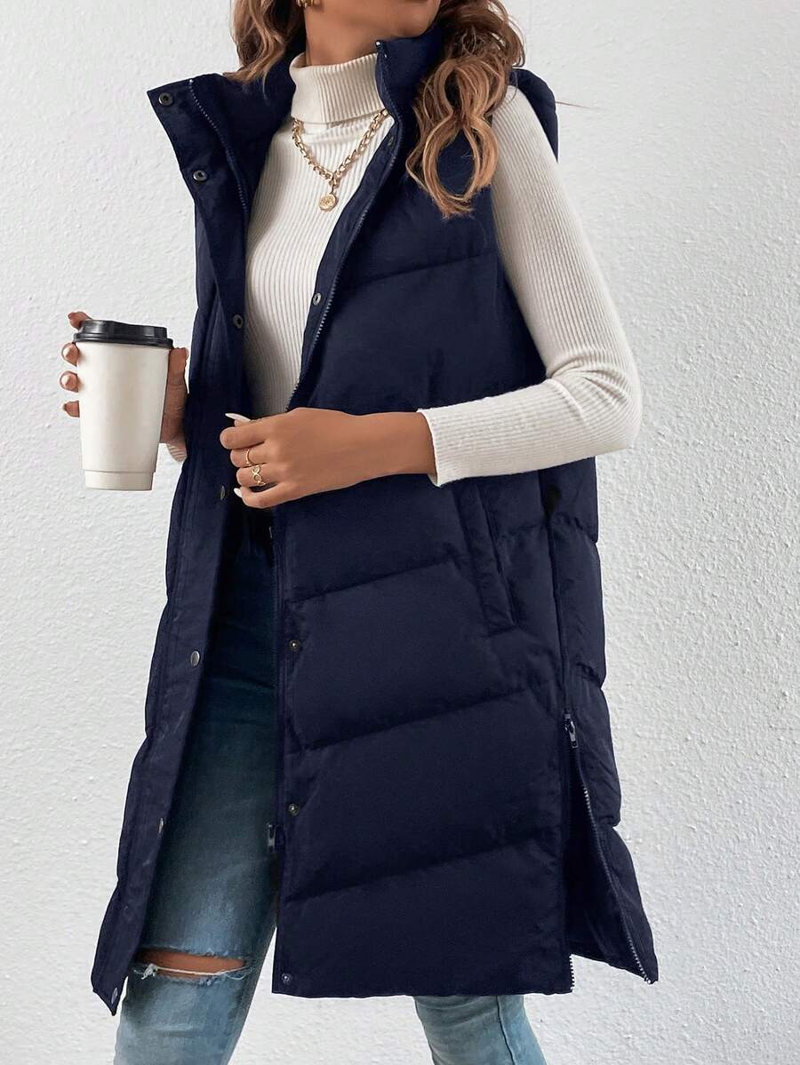SHEIN EZwear 秋冬款拉链斜口袋无袖连帽棉服大衣 - 藏蓝色 - 查看 1