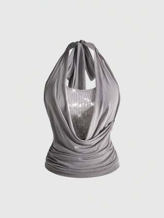 ROMWE Avant Y3K Pailletten tief drapierter Ausschnitt rückenfreies Trägertop (inklusive Unterhemd-Futter), Straßen-Stil