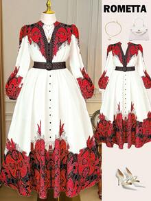 Rometta 大码女式时尚百搭泰国马尔代夫旅游海滩度假波西米亚风格印花腰部收紧圆领长袖飘逸连衣裙，春/秋/冬 - 彩色 - 查看 1