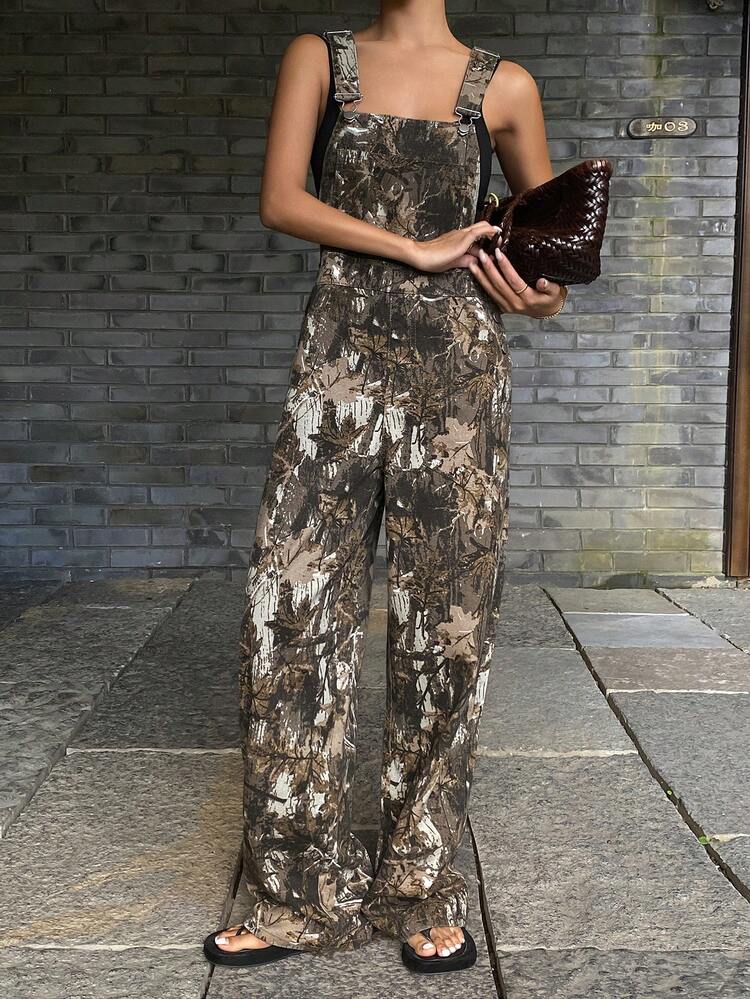 Women's Casual Street Bark Texture All-Over Print Denim Bib Pants And Jumpsuit