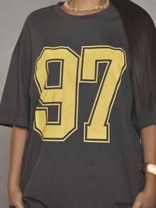 MUSERA Áo phông oversized in hình họa tiết, phong cách đường phố cá tính, thích hợp mặc hàng ngày vào mùa thu năm 1997, và các dịp lễ hội thanh lịch vào mùa xuân và mùa hè. - Màu xám đen - Xem 3