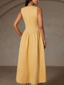 Chiquease Women's Solid Color Mandarin Collar Sleeveless Casual Dress - Yellow - View 6