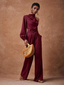 Zivah Women's Burgundy Autumn Elegant Two Pieces Set,One-Shoulder Swing Collar Long-Sleeved Short Shirt & High-Waisted Wide-Leg Pants,Dinner Date Outfit - Burgundy - View 5