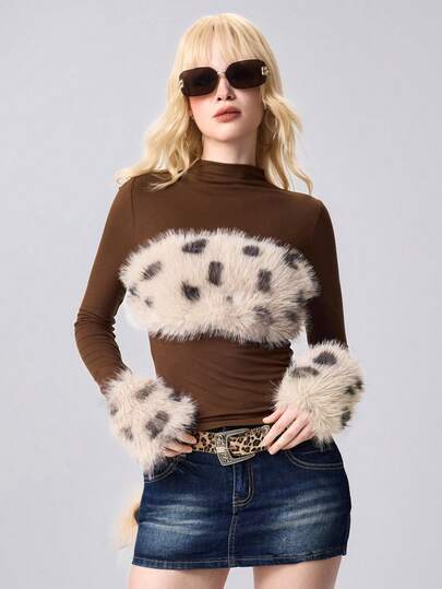 J-Fashion Y2K Sexy Vintage Leopard Print Fuzzy Patchwork Fitted Turtleneck Long Sleeve T-Shirt For Women