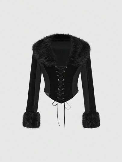 Goth Gothic Elegant Palace Style Holiday Outfit Lace-Up Decor Faux Fur Collar Fitted Jacket