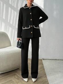 EURMUSE Pocket Cardigan Polo Neck Pant Knit Set - Black - View 4