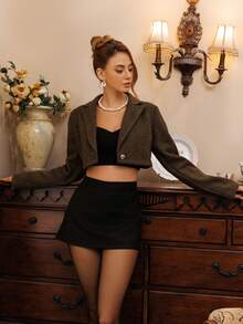 Glamine Charm Autumn/Winter Turndown Collar Button Design Long Sleeve Short Blazer - Brown - View 4