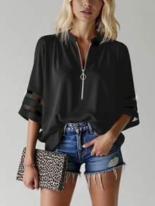 INAWLY 女士加大码夏季时尚拉链上衣，简约时尚休闲日常穿着 - 黑色 - 查看 3