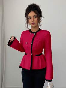 Elenzga Suéter elegante de mujer con cuello redondo y diseño de botones delanteros en contraste de color - Rosa Fucsia - Ver 5