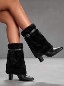 CUCCOO SZL 女士时尚蓬松高跟中筒靴 - 黑色 - 查看 2