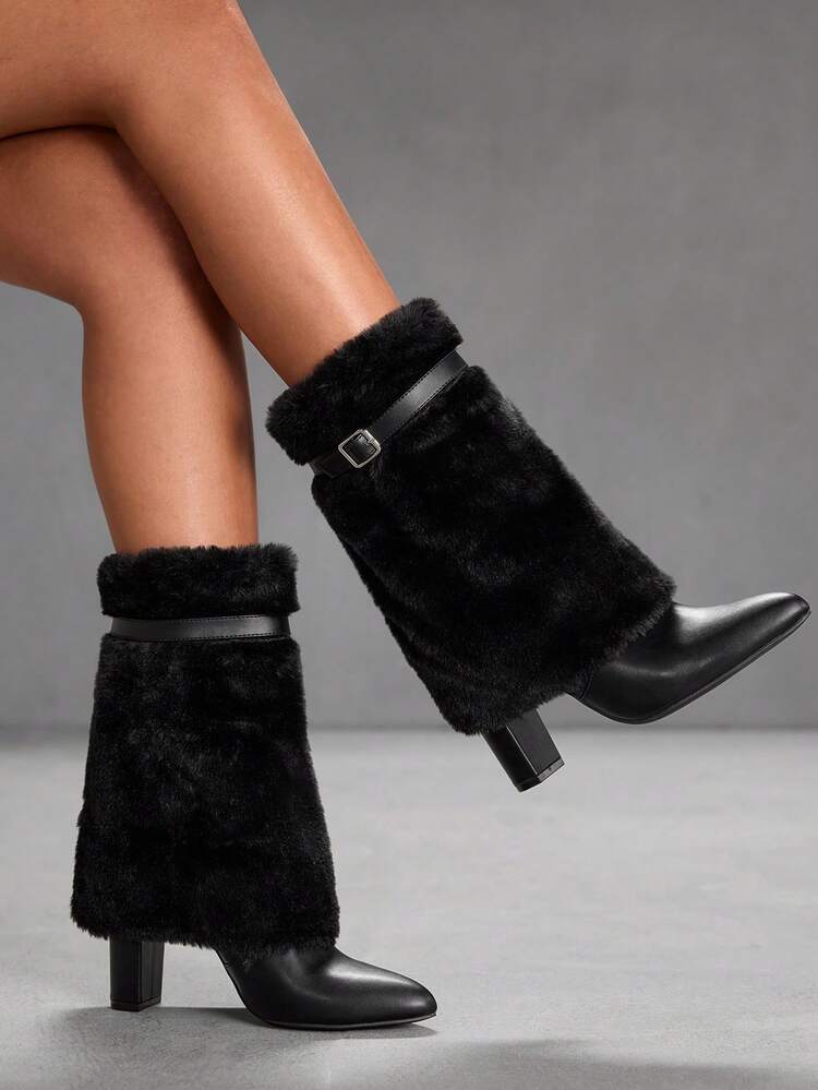 CUCCOO SZL Women's Fashionable Fluffy High Heel Mid-Calf Boots For Christmas Valentine's Day