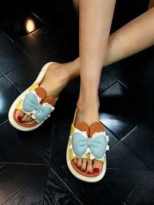 Pantufla para mujer con moño decorativo, frente redondo, plantilla tejida, suela suave antideslizante, estilo acogedor para casa y descanso - Azul - Ver 3