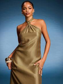 Normani Twist Front Halter Neck Satin Open Backless Loose Maxi Dress Sexy Ibiza Fits Spring Summer Vacation Beach Elegant Wedding Guest Holiday Fall Night Out Wedding Guest, Elegant Christmas, Halloween, Fall, Winter Christmas - Brown - View 6