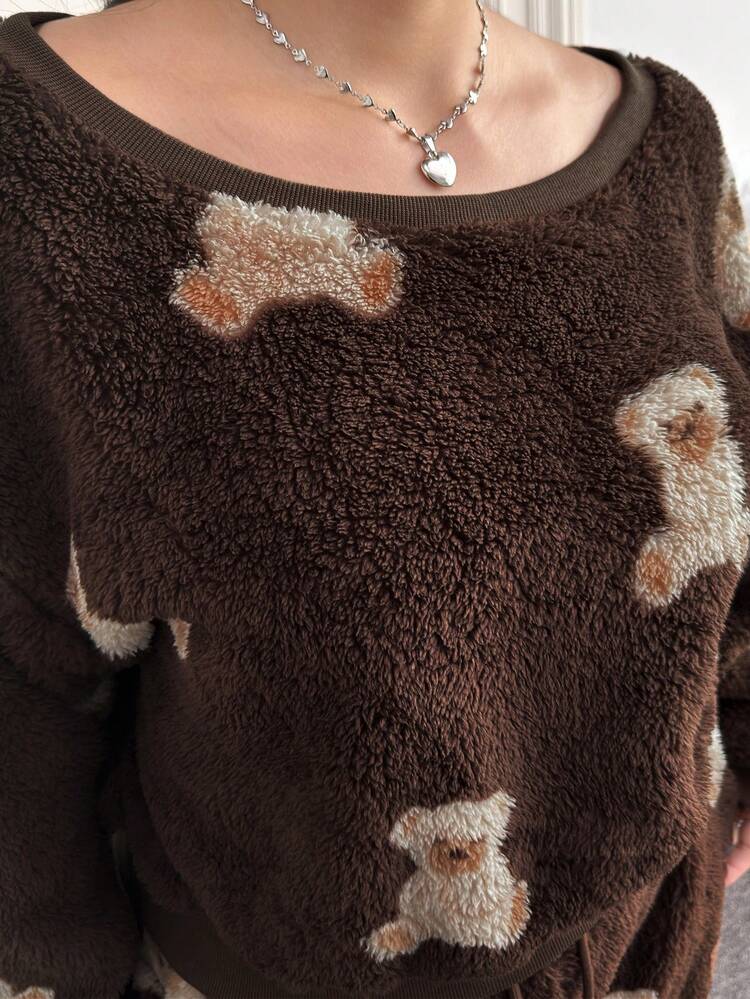 CovetEZ 2 pièces/Set Nouveau motif de nounours en peluche pour l'automne/hiver. Ensemble décontracté mignon avec capuche à épaule oblique et pantalon. grande taille - Tabac - Voir 8