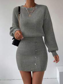 EMERY ROSE Women's Solid Color Round Neck Drop Shoulder Long Sleeve Button Design Fitted Knit Dress, Autumn/Winter - Grey - View 4