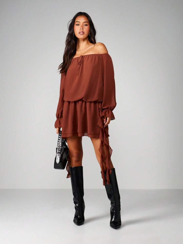 MISSGUIDED Off Shoulder Mini Dress With Tie Detail Long Sleeves Ruched Waist Boho Flowing Chiffon Style Fall Winter