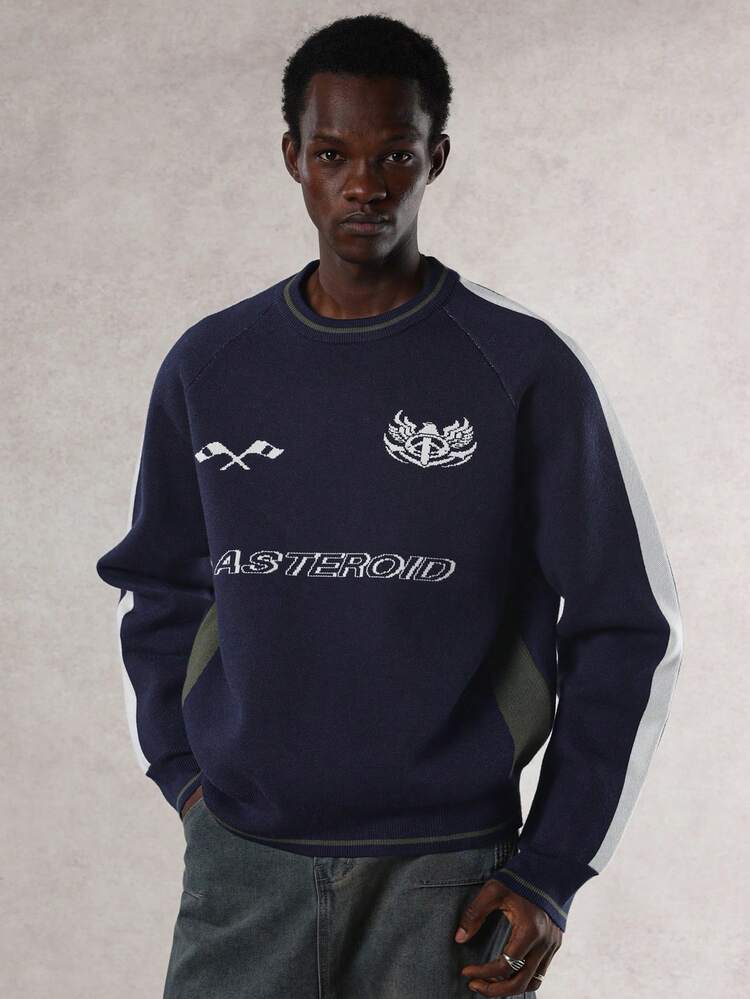 Men's Letter Jacquard Side Seam Splice Design Crew Neck Sweater, Navy Blue, Autumn