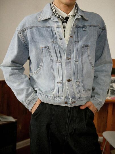 RivetRise Men's Casual Light Blue Washed Loose Vintage Denim Jacket BOXY Acid Washed Light Urban College Chore Jacket For Couples