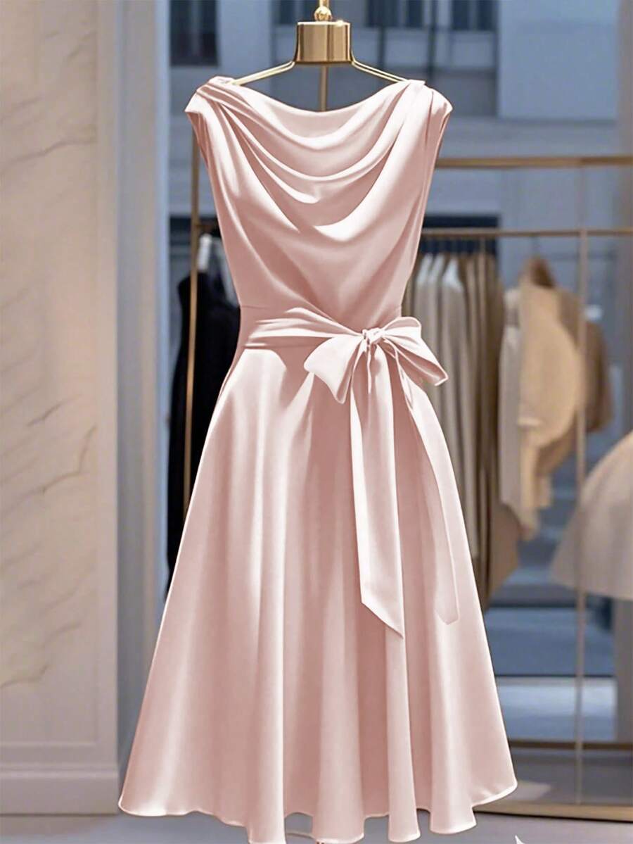 Franclia Women's Elegant Solid Color Waist Cinched Dress Summer Dress Clothes For University - Pink - View 1