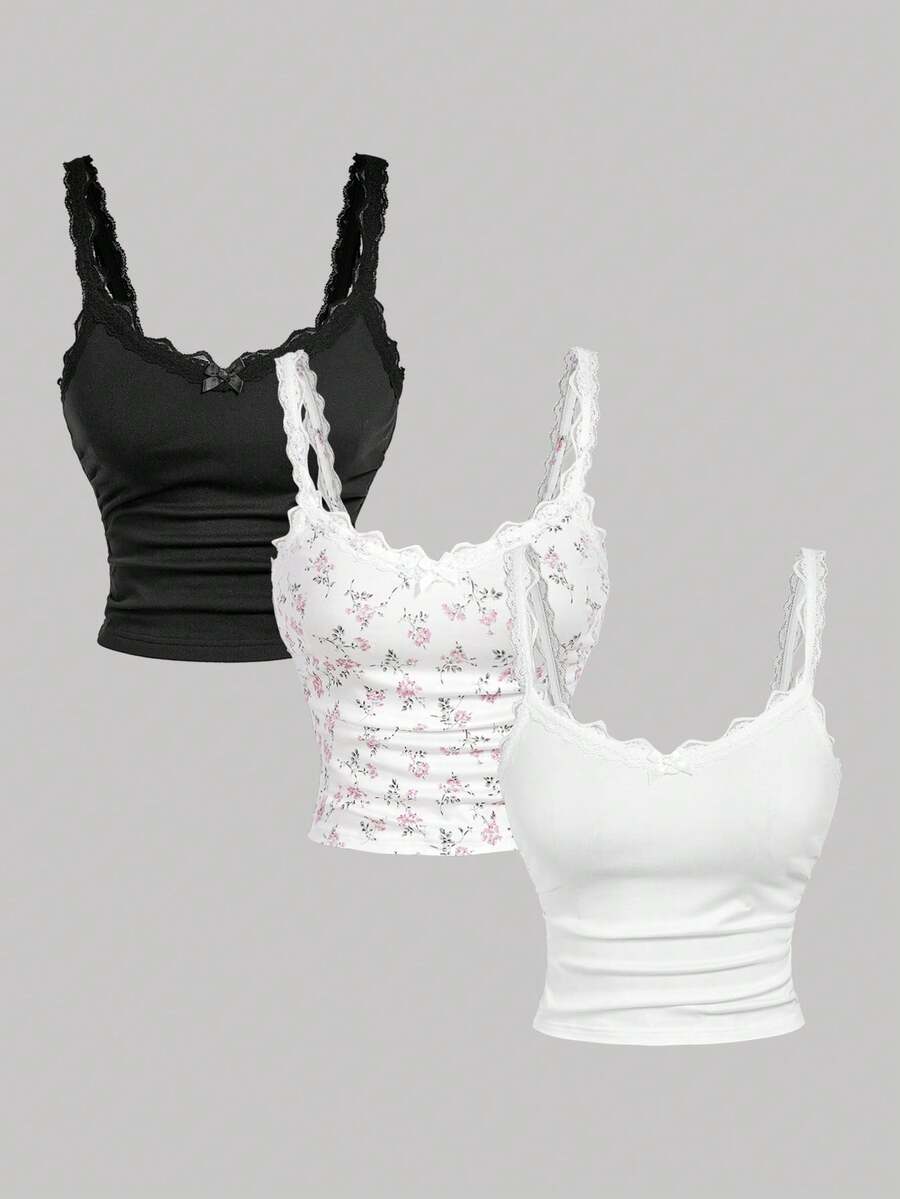 SHEIN MOD 女士撞色蕾丝蝴蝶结装饰时尚吊带背心3件装，甜美可爱，适合冬季、圣诞节、新年、感恩节等场合。 - 彩色 - 查看 1