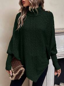 LanaWest 女士休闲纯色高领蝙蝠袖宽松时尚针织毛衣 - 墨綠色 - 查看 6