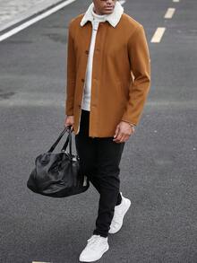 Manfinity Homme 男士纯色简约休闲翻领长袖大衣，秋冬季休闲外套 - 卡其色 - 查看 6