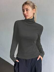 FRIFUL 女士休闲纯色高领抓绒T恤，秋冬长袖女款 - 深灰色 - 查看 6