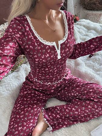  CottageSlumber Lace Trim Scoop Neck 2-Button Romantic Ditsy Floral Long Sleeve Top & Pants Pajama Set For Women Burgundy Pajama Set Sleep Wear Women 2 Pieces Set, Fall & Winter Clothes