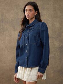 WESTFADE Neck Tie Long Puff Sleeve Western Seamed Relaxed Fit Cotton Blend Denim Collared Button Up Shirt Cute Fall Top, Autumn, Winter, Casual, Boho, Country Music Concert, Western Wear