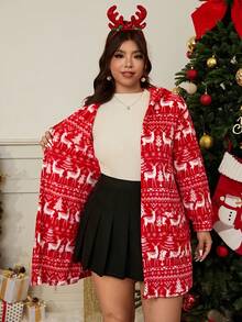 SHEIN EZwear Plus Size Women's Christmas Reindeer Pattern Long Sleeve Hooded Jacket,Black And White,Autumn,Casual,Elegant,Wedding Guest,Chic New Year Thanksgiving - Red - View 9