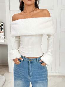 SHEIN EZwear Women's Off Shoulder Plush Patchwork Christmas Jumper, White Autumn Elegant Dining Fashion New Year Party Winter - White - View 3