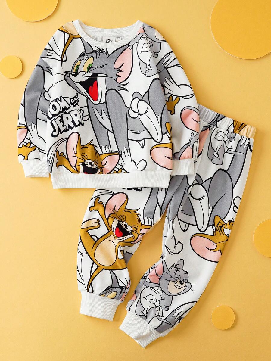 TOM & JERRY X SHEIN 2 件套小男孩卡通全身印花针织宽松圆领套头衫和裤子套装，秋冬