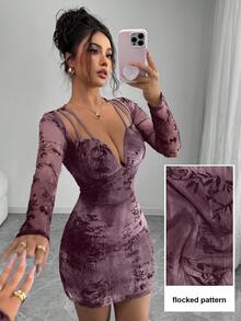 Modelyn Sexy Mesh Jacquard Hollow-Out Long Sleeve Women Dress - Red Violet - View 8