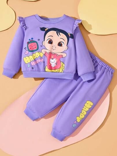 CoComelon X SHEIN 2pcs/Set Baby Girl Cute Cartoon & Letter Graphic Round Neck Ruffle Sleeve Sweatshirt And Sweatpants Knit Casual Sports Outfit, Purple
