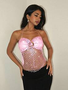 EgrlEra Women's Rhinestone Fishnet Sexy Top, Suitable For Holiday Parties And Carnivals - Baby Pink - View 4
