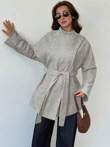 Aloruh Women's Solid Color Minimalist Casual Tie-Up Overcoat - Grey - View 4