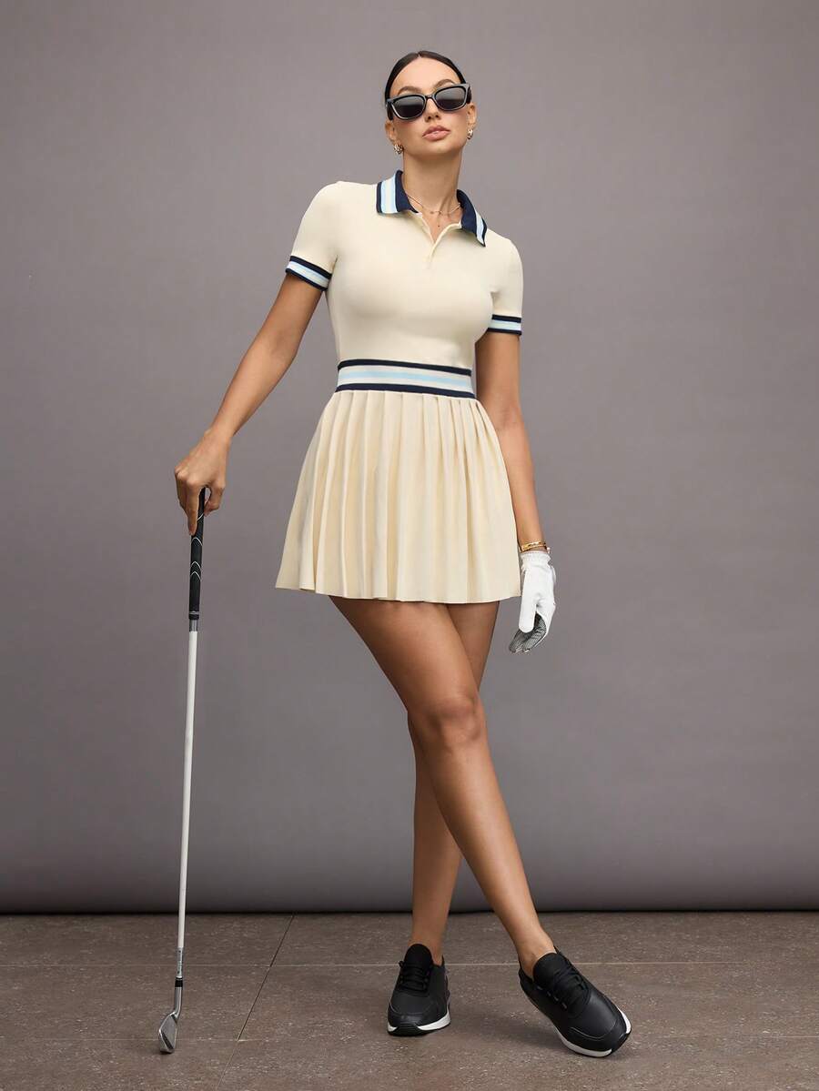 Activina Women's Striped Polo Collar Short Sleeve Pleated Hem Sports Dress With Shorts
