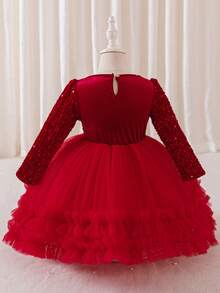 Glamorique Kids 圣诞快乐驯鹿圣诞夜圣诞派对一品红圣诞节年轻女孩礼服派对装圣诞老人礼服新年礼服，女童公主薄纱泡泡袖礼服独奏钢琴表演舞台礼服，圣诞节儿童舞会礼服，亮片 - 紅色 - 查看 2