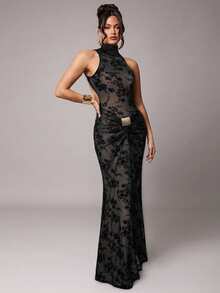 Silquee 黑色植绒花卉透视露背连衣裙，优雅性感，适合秋冬季、情人节、圣诞节、约会、派对、婚礼、正式场合 - 黑色 - 查看 4