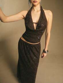 Poéselle 女式低胸亮片设计性感短款露背衬衫