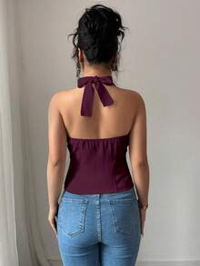 Elenzga Women's Solid Color Minimalist Daily Wear Button Top Style Halter Neck Camisole - Redwood - View 2