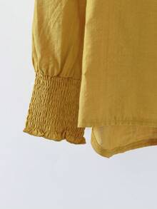 EMERY ROSE Plus Size Women Casual Solid Color Bohemian Style Faux Cotton Long Sleeve Shirt, Elastic Cuffs, Small V-Neck, Suitable For Autumn, Spring, And Winter As Base Layer - Yellow - View 5