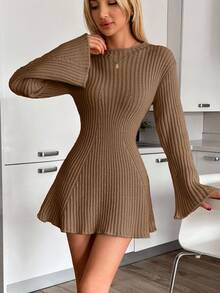 EURMUSE MINI WOOL DRESS WITH BELL-Mocha Brown SLEEVE, Petite Women Thanksgiving Brunch Autumn Casual Elegant - Camel - View 4