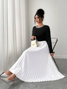 Elenzga Plus Size Women's Beaded Round Neck Long Sleeve Pleated Contrast Color Dress Fall Cloth For Women - Black and White - View 6