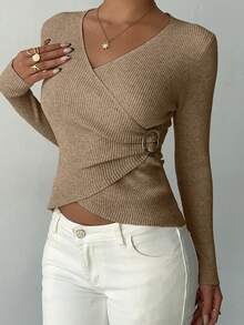 Elenzga Women's Elegant Fitted Criss-Cross Wrap Element Minimalist Classic Ribbed Texture Solid Color Sweater - Brown - View 5