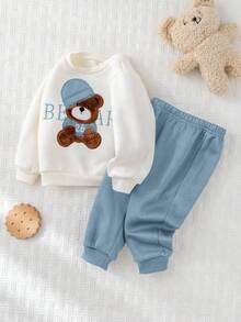 Cozy Pixies 2pcs Baby Boy Cartoon Bear Embroidery Knitted Soft Crew Neck Long Sleeve Sweatshirt And Elastic Waist Thermal Lined Pants Set