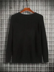 SHEIN 青少年男孩休闲纯色圆领针织毛衣，简约百搭百搭上衣，适合通勤、学校、日常休闲、度假、户外、大学派对、秋冬 - 黑色 - 查看 3