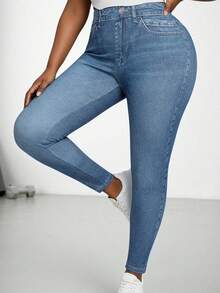 EMERY ROSE Plus Size Women's High Waist Faux Denim Leggings With Button Details & Pockets - Stretchy Slim Fit Vintage Wash Yoga Pants For Daily Party Office Vacation - Multicolor - View 5